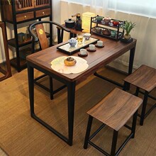 全实木茶桌办公桌一体两用北美黑胡桃木简约现Q代新中式功夫茶茶
