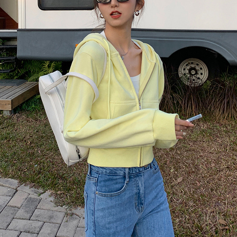 黄色短款卫衣女宽松韩版连帽小众2021新款小个子拉链开衫运动外套