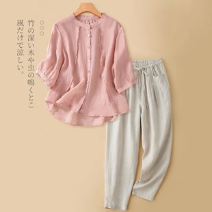 亚麻棉麻洋气套装女2024夏季新款妈妈高端薄款苎麻上衣裤子两件套