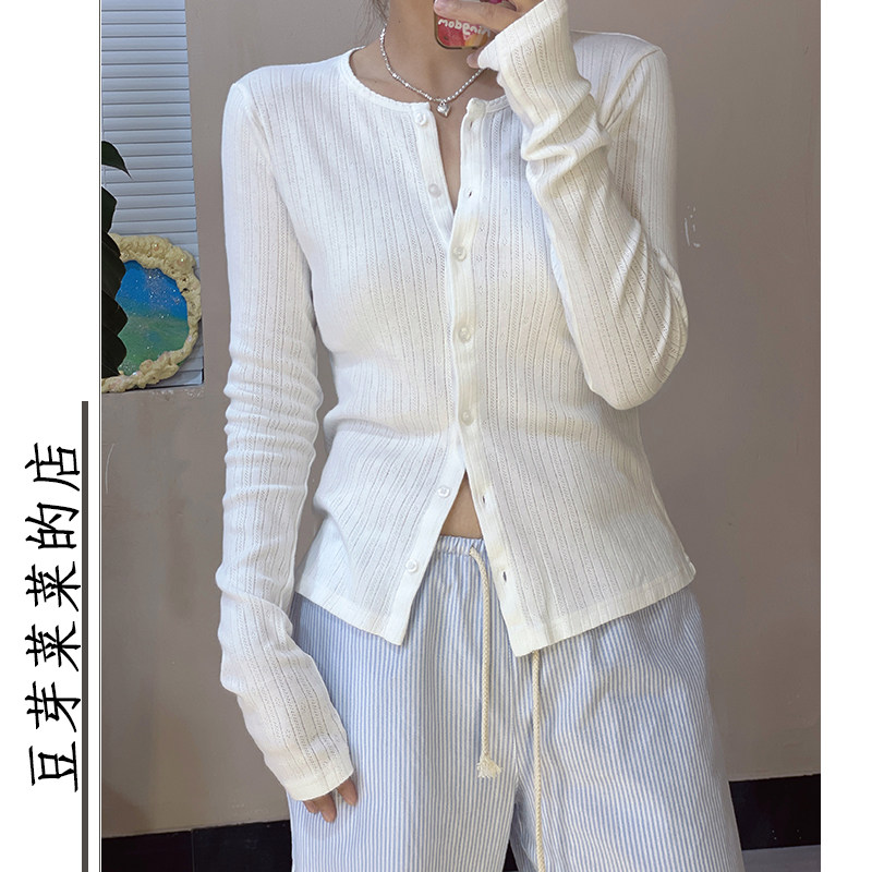 纯欲风白色镂空长袖针织衫开衫修身薄款短外套花边圆领纽扣上衣女