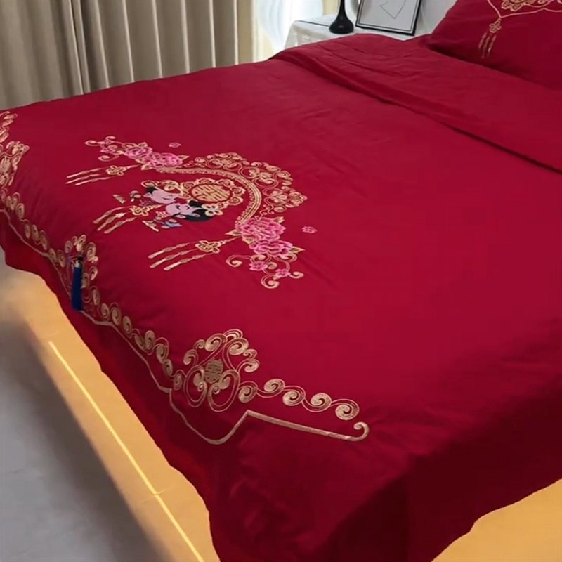 2025新款婚庆四n件套大红色刺绣结婚床品新婚六八十件套全棉被套