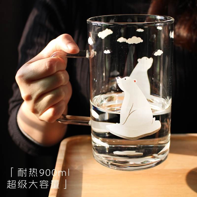 高硼硅北极熊杯子大容量玻璃杯带盖水杯可爱Q超萌耐热带把牛奶杯