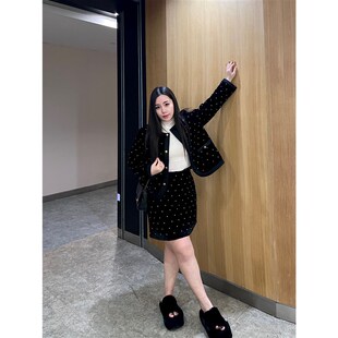 千金风胖mm两件套 年会贵气夹棉丝绒半身裙套装 肉卷家微胖大码 女装