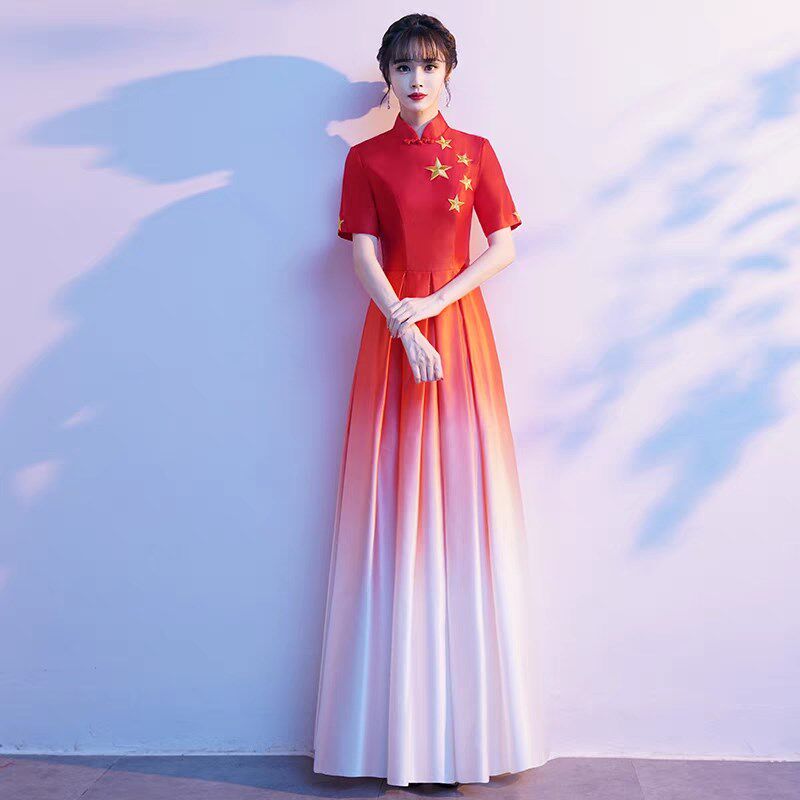 大合唱团演出服女红色渐变建党红歌比赛服装指挥服朗诵晚礼服长裙