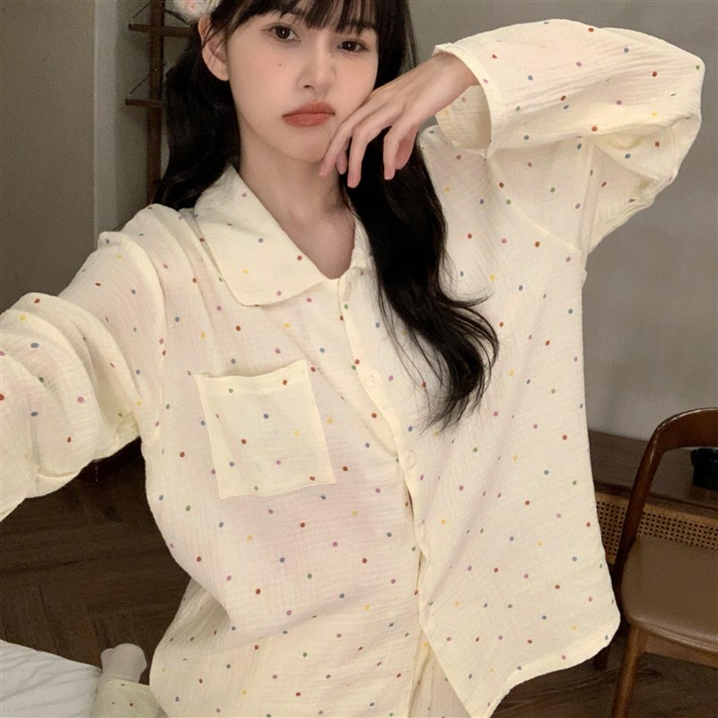 甜芋啵啵双层纯棉纱布睡衣女春秋款长袖长裤透气婴儿棉家居服套装