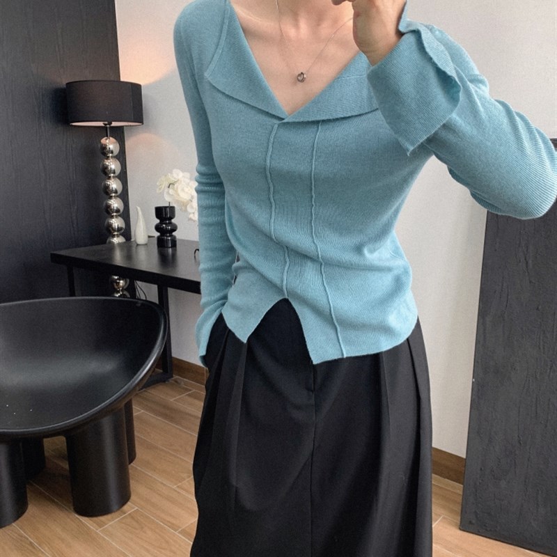 水袖小翻领 V领气质通勤套头针织23年女秋冬显瘦长袖羊毛上衣打底