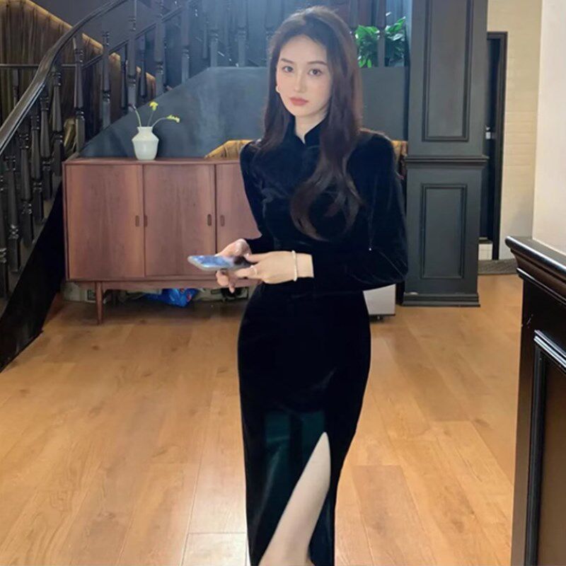 黑色真丝绒旗袍裙连衣裙秋冬修身大码收腰侧开叉年会礼服显瘦长裙