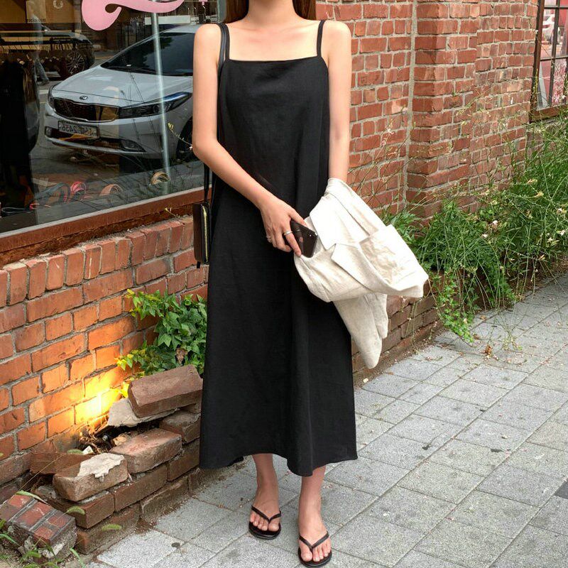 春夏内搭平领细肩带A字侧开衩吊带连衣裙长款复古法式宽松雪纺女