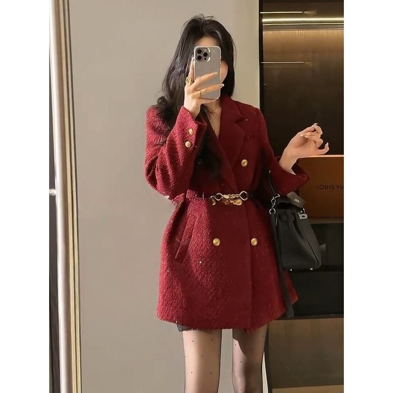 红色西装羽绒外套女2024冬季新款宽松气质中长款小个子收腰大衣潮