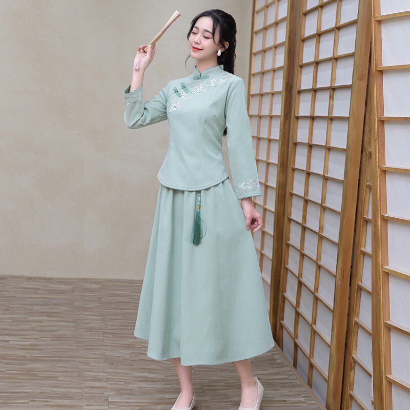 秋冬民国风学生复古女装改良汉服唐装毕业茶艺新中式日常长袖套装