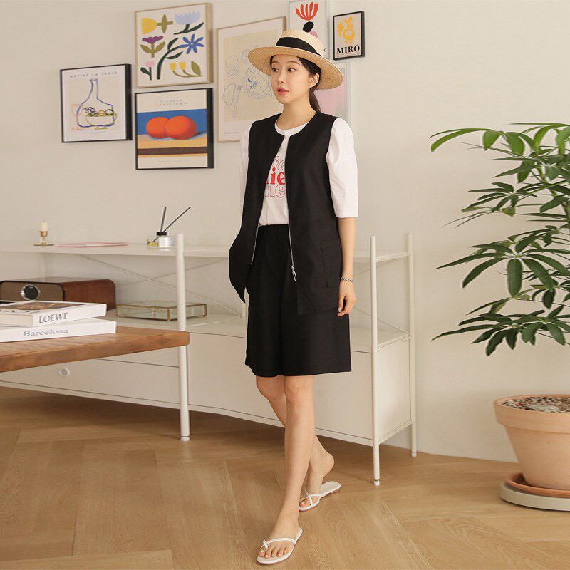 薄款马甲女春夏韩版中长款棉麻马夹坎肩亚麻背心马甲短裤两件套装