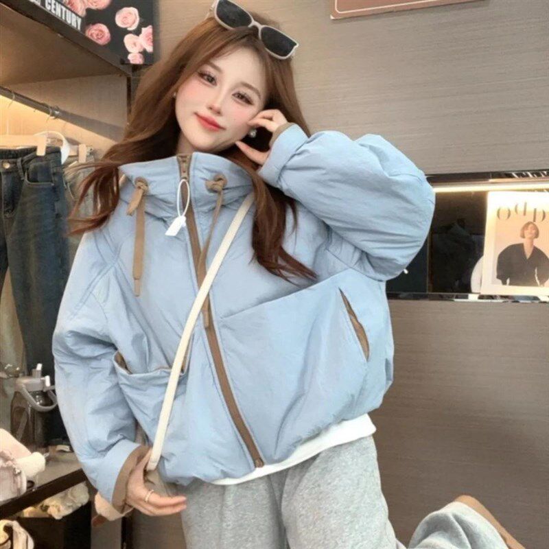 韩系甜美风时尚纯色拉链设计连帽长袖棉服女2024冬季新款气质上衣