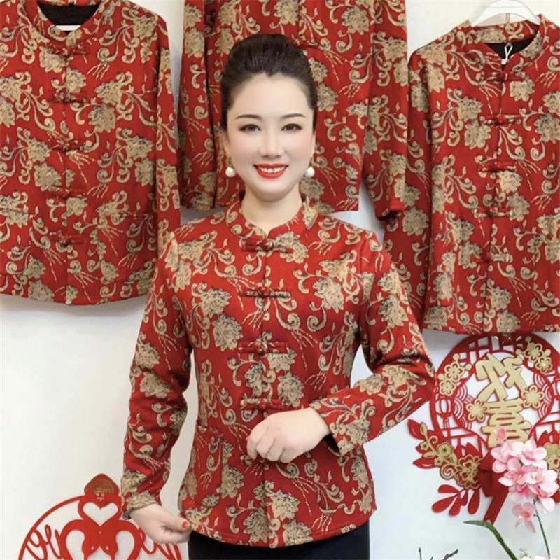 冬季新款加绒外套中老年妈妈民族风年货款碎花开衫短款旗袍上衣女