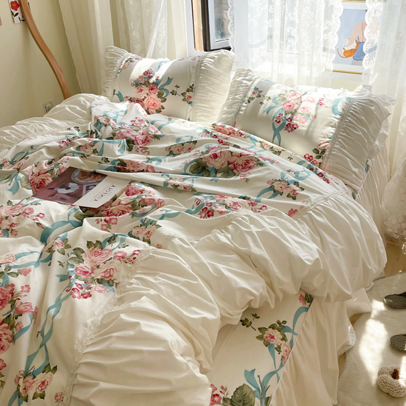 韩式白色床单被套床上用品四件套1D00全棉公主风少女心床裙款4