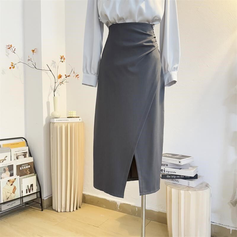 高级感灰色开叉半身裙女春夏中长款高腰a字包臀显瘦气质西装裙子