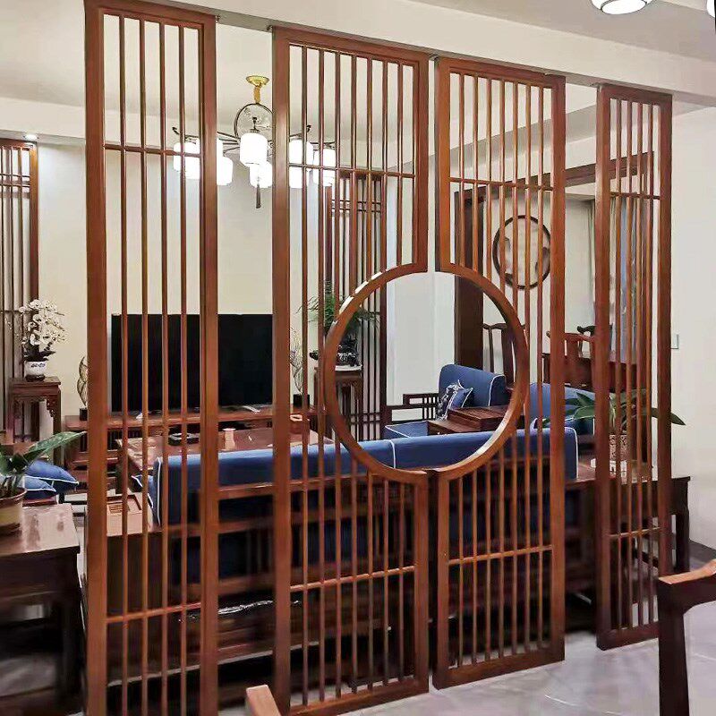 日式实木屏风新中式n原木格栅隔断客厅现代简约入户玄关推拉门定