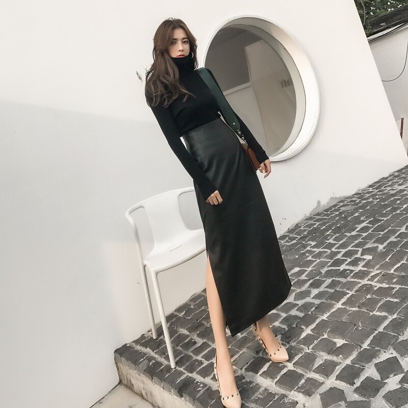 皮裙女2021新款秋冬显瘦高腰包臀裙超长款开叉一步裙半身裙皮长裙