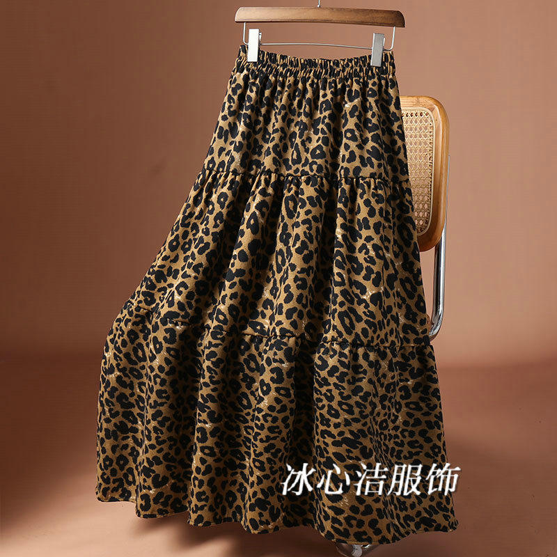 时尚豹纹拼接大摆蛋糕半身裙女春季2025新款a字裙子长裙伞裙冬裙