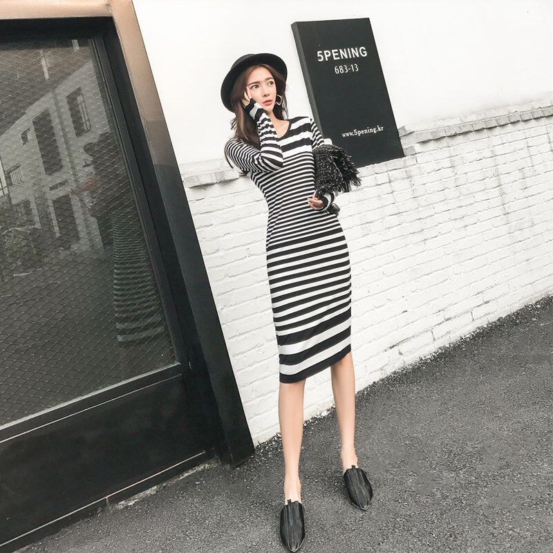 春夏新款女装复古打底裙修身显瘦条纹连衣裙纯棉针织中长款包臀裙
