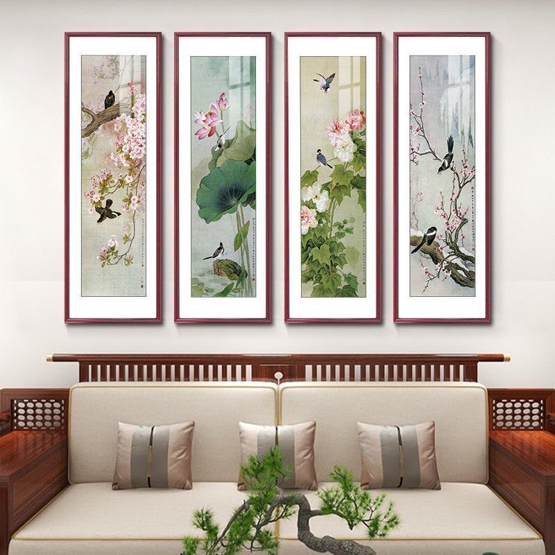 国画花开富贵h四条屏玄关画中式客厅装饰画花鸟图四联春夏秋冬挂