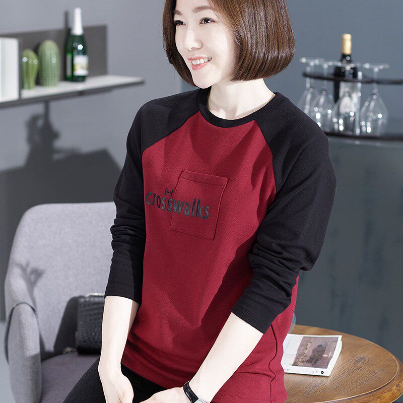 新款纯棉长袖T恤上衣大码宽松秋衣外穿印花圆领红色打底衫女春秋