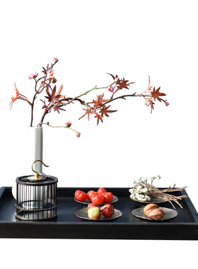 黑色托盘新中式木茶盘样板间客厅茶室茶几K花瓶花艺组合摆件装饰