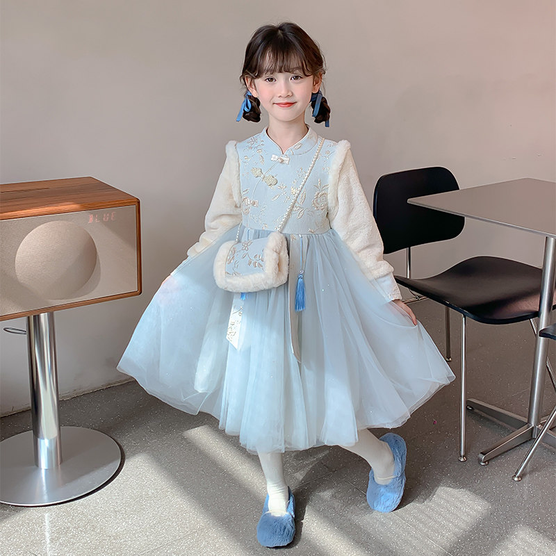 汉服女童拜年服冬季儿童新年衣服加绒连衣裙女孩生日礼服冬装唐装