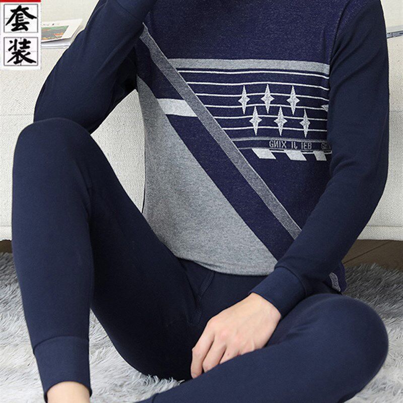半高领保暖内衣男士纯棉薄款冬季中年G全棉中老年人秋衣秋裤套装