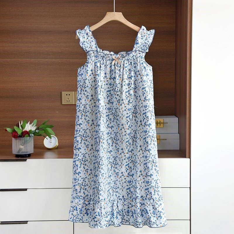 袖清新甜美小碎花吊睡裙夏季女薄款纯棉纱布无家居服中长A0161带