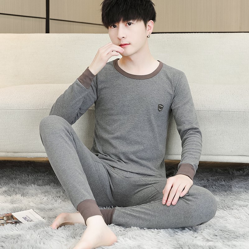 纯棉秋衣秋裤男士圆领新款打底棉毛衫青少年学生贴身保暖内衣套装