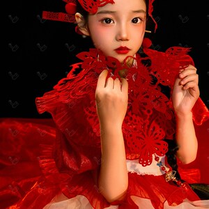 儿童摄影服装剪纸中国红中国风国潮主题模特走秀潮服儿童演出服装