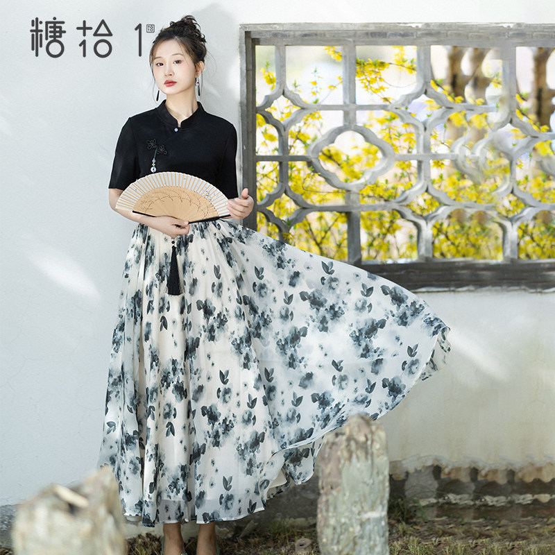 【水墨丹青】新中式连衣裙女复古花式盘扣轻薄收腰印花裙2024夏季