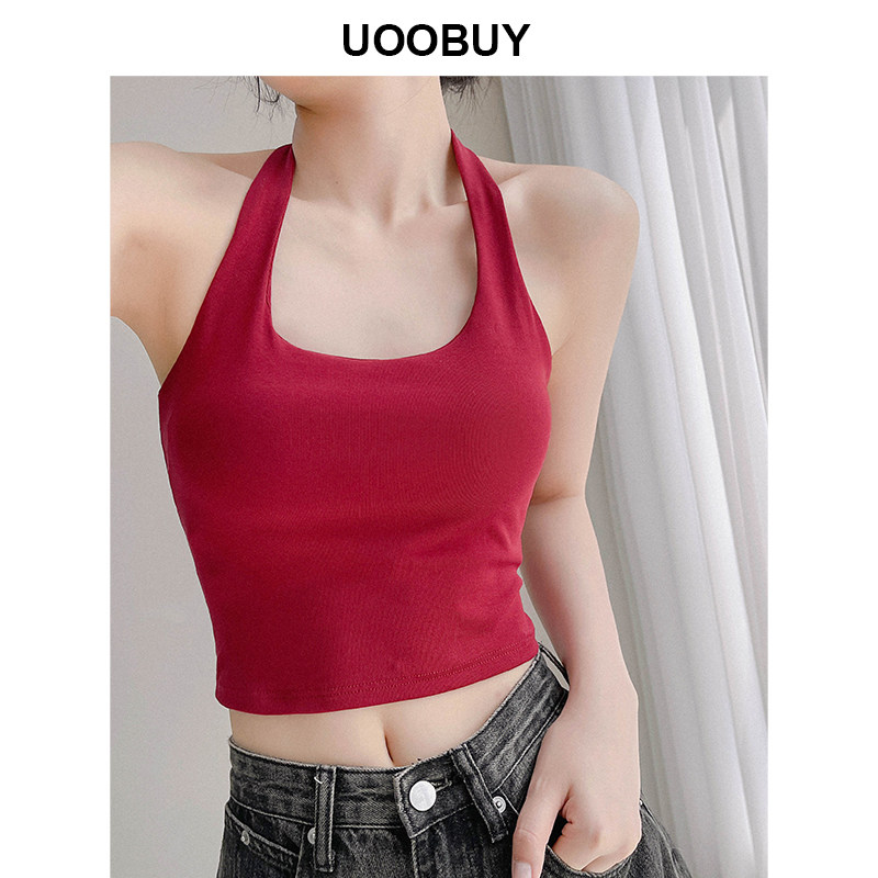 带胸垫挂脖吊带背心女内搭短款打底美背内衣辣妹抹胸上衣外穿白色