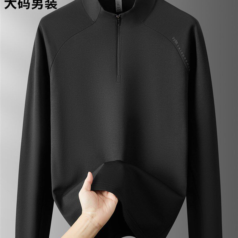 半高拉炼领插肩长袖体恤男大码外套胖子时尚休闲秋季外穿T恤上衣