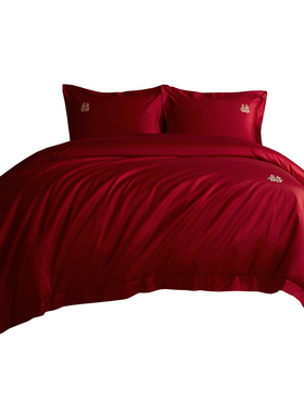 乐优公主100支长绒棉结婚四件套全棉大红色被Q套床单喜被床上用品