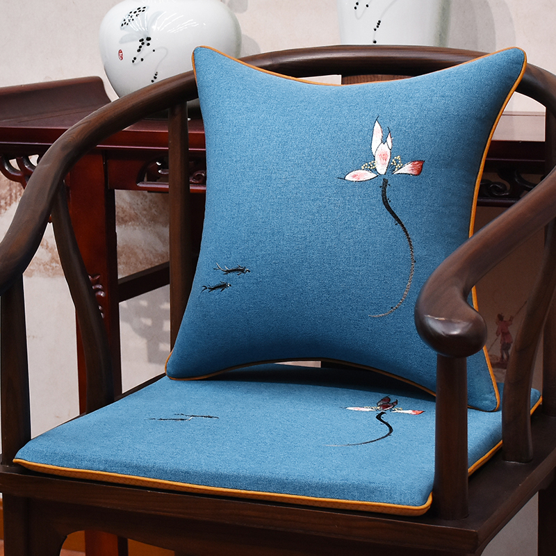 新中式棉麻刺绣椅垫红木沙t发坐垫实木圈椅太师椅茶餐桌椅垫子定