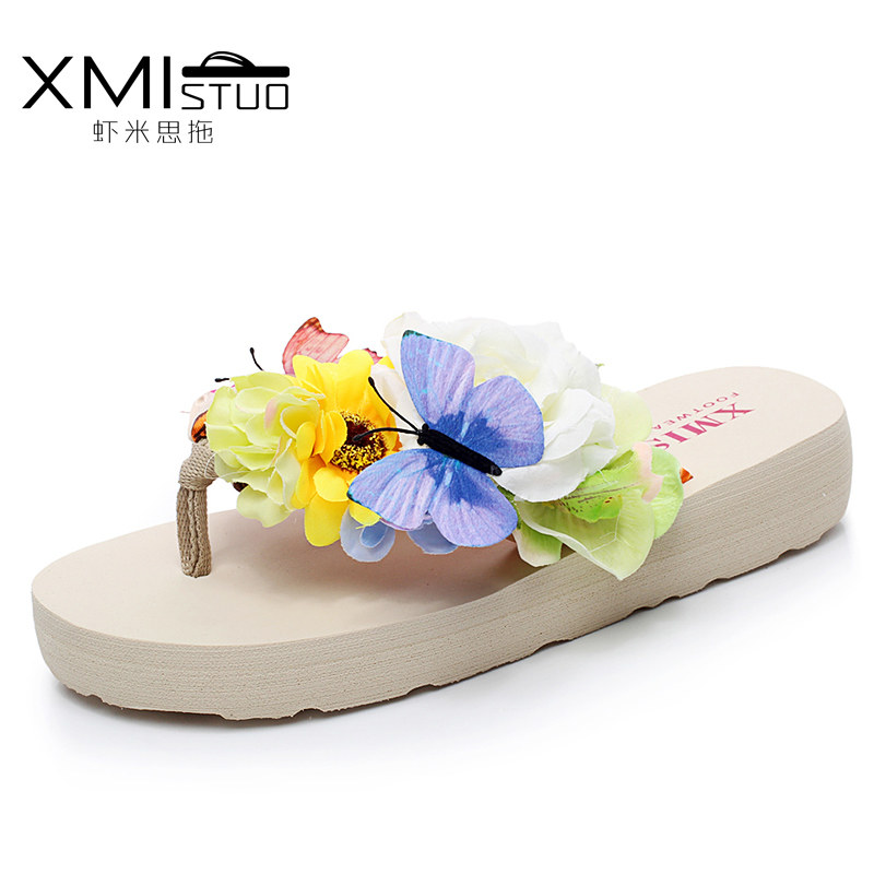 大码人字拖女夏季防滑平底花朵沙滩鞋时尚夹脚坡跟厚底可爱凉拖鞋