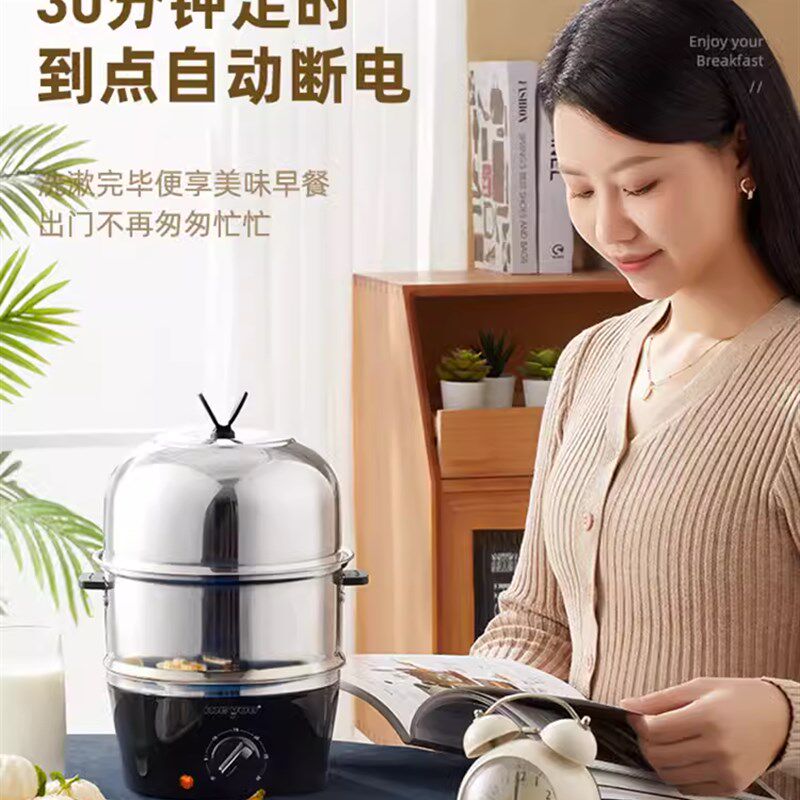 110V220V电蒸锅蒸蛋器机定时干烧断电304不锈钢双V层早餐机美英规