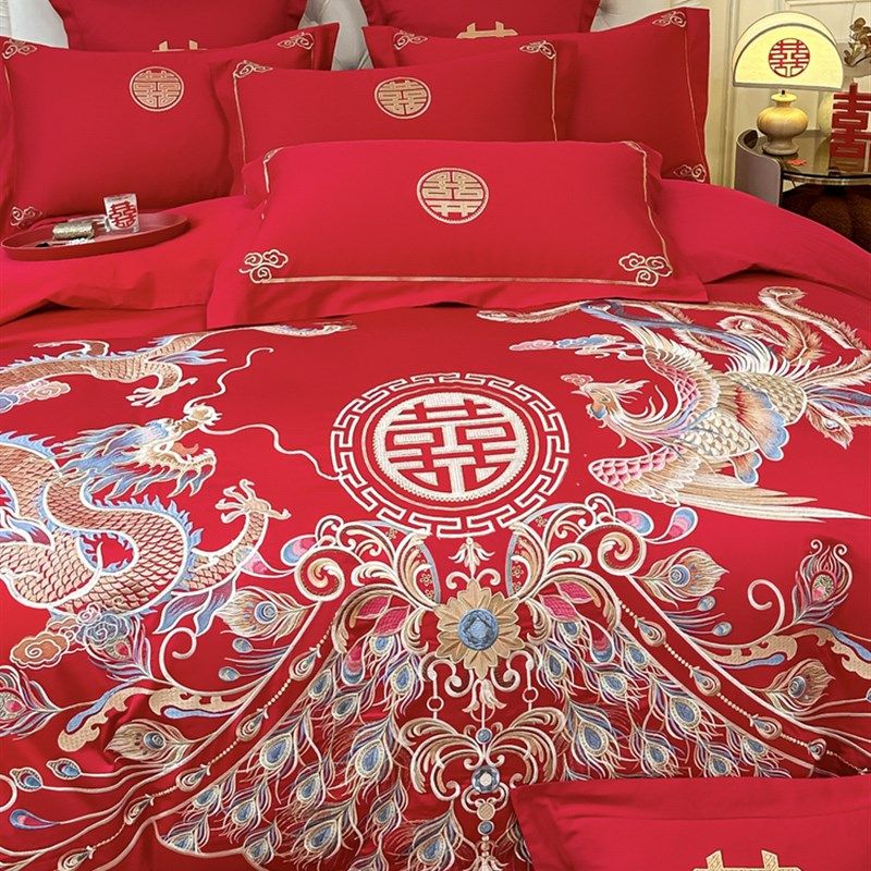 高级感新款龙凤刺绣婚庆四件套B红色新婚被套床单结婚喜被床品