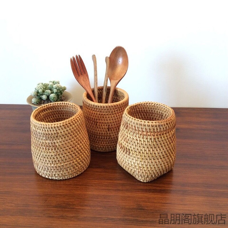 自然而然复古桌面l文具化妆藤编笔筒摆件笔桶收纳盒花瓶梳子收纳