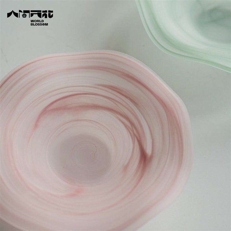人间开花 原创粉白色云雾雾面波浪玻璃磨砂家U用沙拉碗果盘Y