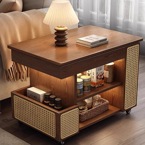 臻品阁茶几客厅家用藤编小户型推车可移动升降折叠沙发边几储物柜
