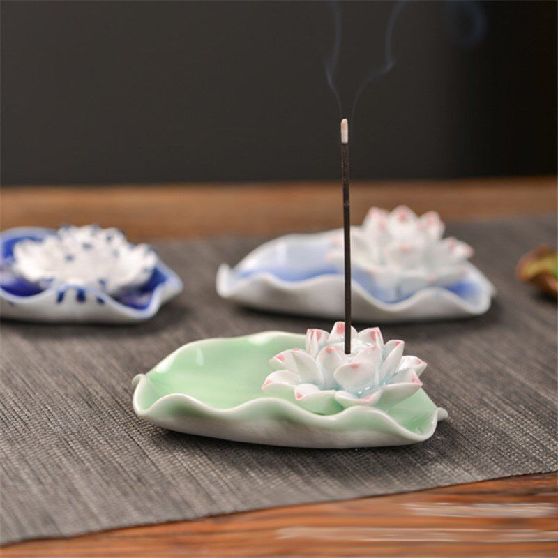 梵居影青陶瓷薰香盘荷叶莲花香插茶室精致香炉薰居室车载摆件包邮
