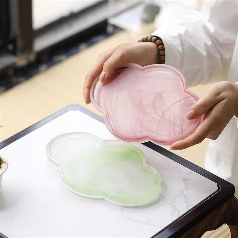 茶托水墨茶杯托盘茶台玻璃茶盘云白玻F璃琉璃壶承小干泡台茶道茶