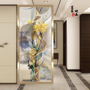 新中式 麋鹿彩绘艺术玻璃屏风隔断背景墙酒柜N磨砂透光双面入户玄