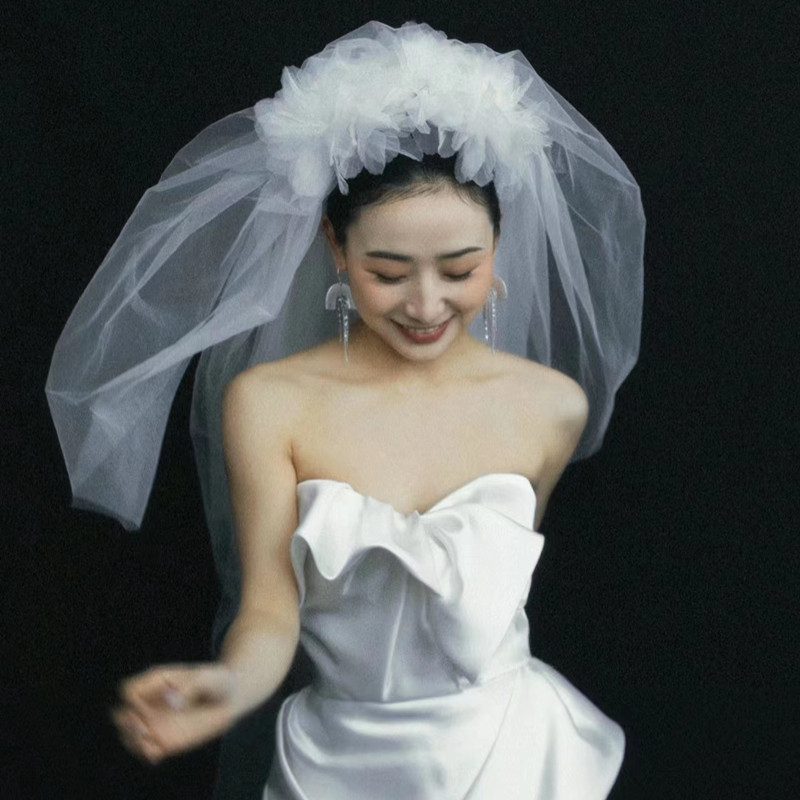复古少女感新娘发箍多层蓬蓬头纱摄影跟妆造型拍照样片搭配饰品