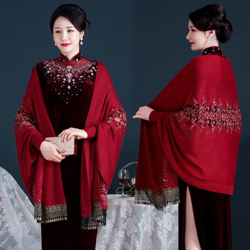 红色喜婆婆婚宴旗袍披肩婚礼妈妈外搭羊绒针织有袖斗篷外套春秋款