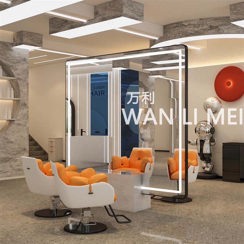 新款高端理髲店镜台发廊专用烫染区美发店落地镜美发镜子带灯高档
