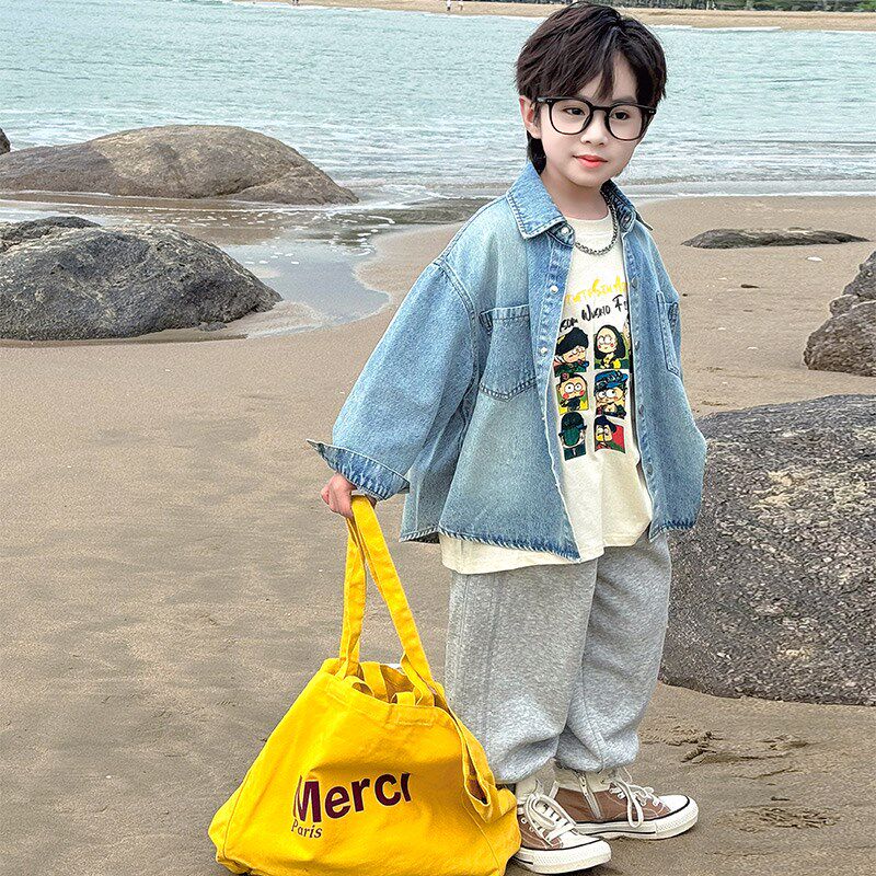 男童衬衫春秋款2025新款儿童春装牛仔衬衣男孩春季上衣薄款外套潮