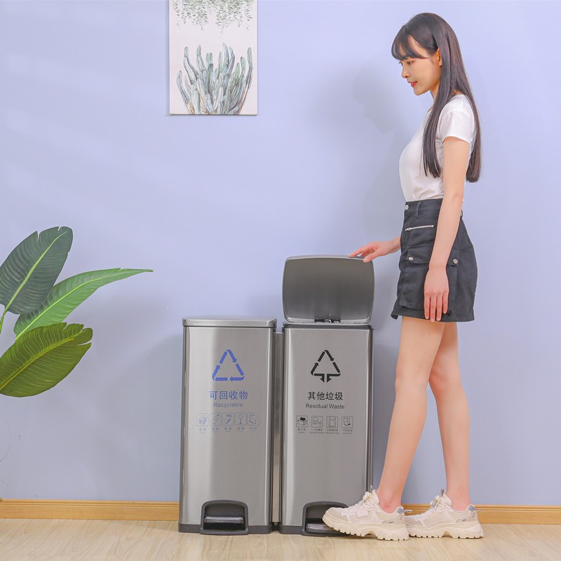 不锈钢脚踏式垃圾桶3m0/50L带盖静音缓降室内商用干湿四分类果皮